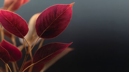 Wall Mural - leafy plant with a red leaf is shown in a black background. the leaf is the main focus of the image,