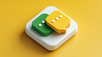 Aufkleber - Two green and yellow chat bubbles on a white background. The chat bubbles are made of wood and have a 3D appearance. Concept of communication and connection between two people