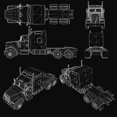 Poster - A 3D wireframe model of a semi truck stands out against a black background. Detailed features include headlights, grille, wheels, and the truck's overall structure.