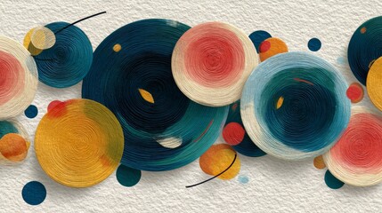 Poster - Colorful abstract painting of circles and squares. The circles are of different sizes and colors, and the squares are also of different sizes and colors. The painting has a vibrant
