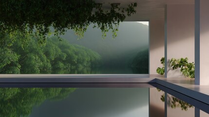Poster - Tranquil modern villa with serene lake view at sunrise surrounded by lush greenery