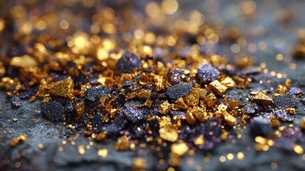 Poster - Gold and dark blue glitter pieces creating a textured surface with a blurred, sparkling background