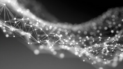 Poster - White wireframe landscape with glowing spheres for network visualization and geometric data representation