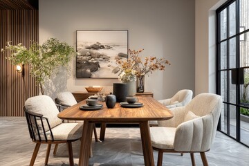 Aufkleber - Dining Room with Round Table, Three Chairs, and Modern Art, Displaying a Contemporary and Comfortable Living Space