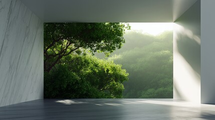 Poster - Sunlight filters through a modern room showcasing lush greenery and a serene natural landscape at dawn