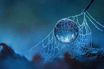 A mesmerizing view of water droplets on a spiderweb reflecting the scene in blue, capturing nature's delicate beauty.