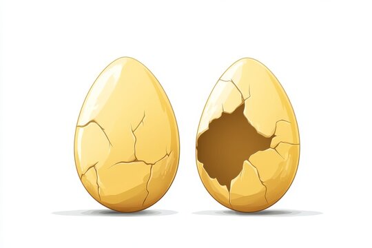 Golden egg illustration features a whole egg and a cracked version revealing an interior, set against a white backdrop, emphasizing detail