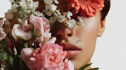 Poster - Woman with flowers covering her face in a creative portrait captured indoors during daylight