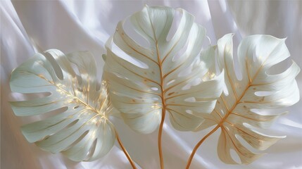 Poster - Tropical leaves arranged artfully against a soft white background with golden highlights