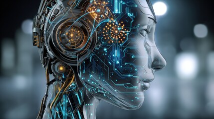 Poster - Futuristic cyborg with intricate electronic circuits and advanced AI features.