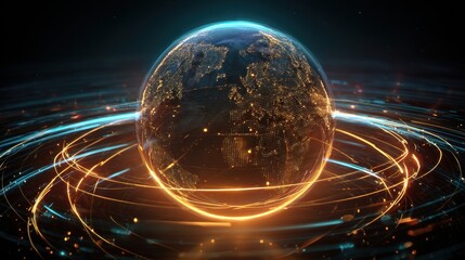 Fototapete - An abstract globe illustration with intricate lights and lines, representing global connectivity and technology