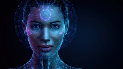 Fototapete - A futuristic woman with digital circuit on her face