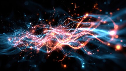 Fototapete - An abstract rendering of flowing blue and orange energy streams against a dark backdrop, filled with glowing particles
