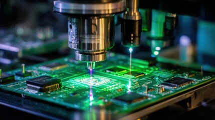 Poster - Close-up of an automated machine precisely working on a circuit board, highlighting the intricate technological process.