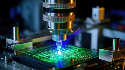 Poster - A close-up of a futuristic machine carefully working on a circuit board, showcasing technological innovation and precision