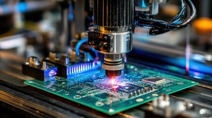 Poster - Precision laser cutting technology at work on an electronic circuit board, showcasing cutting-edge innovation and intricate detail. The laser beam is focused.