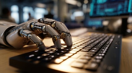 Poster - A robotic hand interacting with a keyboard, highlighting the convergence of technology and artificial intelligence