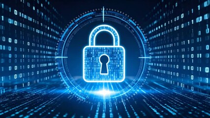 Digital padlock on binary code background
