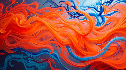 Poster - Vibrant orange and blue abstract fluid forms swirling together in a dynamic composition