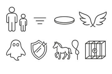 Poster - Family and fantasy line icon set. silhouette design of people, ghost, unicorn, wings