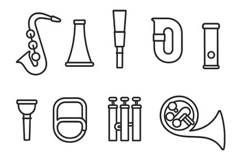 Poster - Music instruments outline icon set. saxophone, trumpet, horn icons linear collection