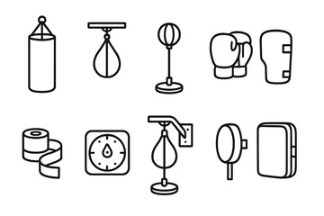 Wall Mural - boxing icon set: punching bag, gloves, and more in outline style