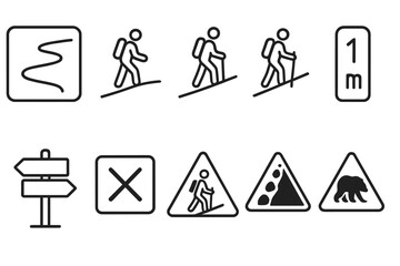 Poster - Hiking trail outline icon set. adventure, navigation signs outlined collection