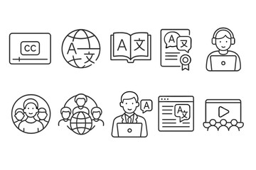 Poster - Translation and language line icon set. multilingual communication outline collection