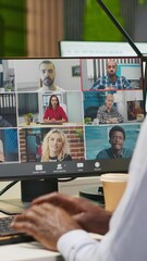 Poster - Vertical video Tech startup office team collaborating via videocall, doing brainstorming on backup solutions to protect against data loss. Remote developers doing AI coding during online