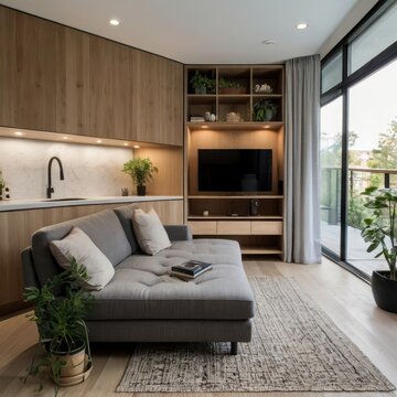Interior living room with neutral tones and white walls
