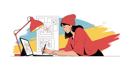 Poster - Creative Young Designer Working on Digital Tablet at Home Art Studio