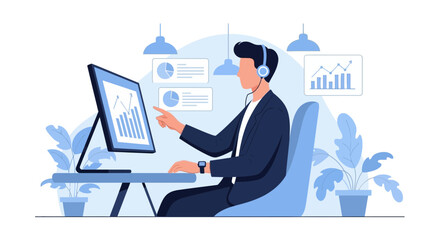 Poster - Dedicated Analyst Reviewing Business Metrics On Computer With Headset