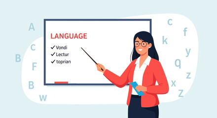 Poster - Dedicated Educator Explaining Language Lessons During Class at Modern School