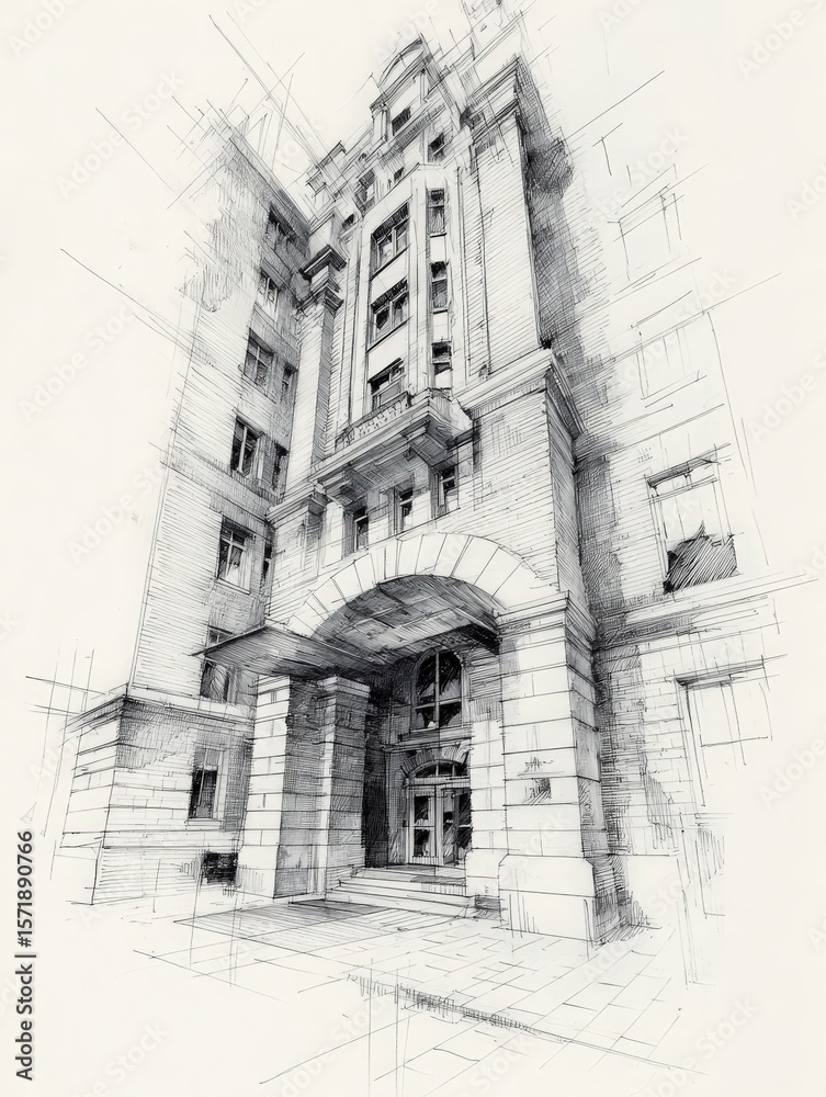 A detailed architectural sketch portrays a grand building from a low angle, highlighting the entrances design, surrounding architecture, and linear perspective.