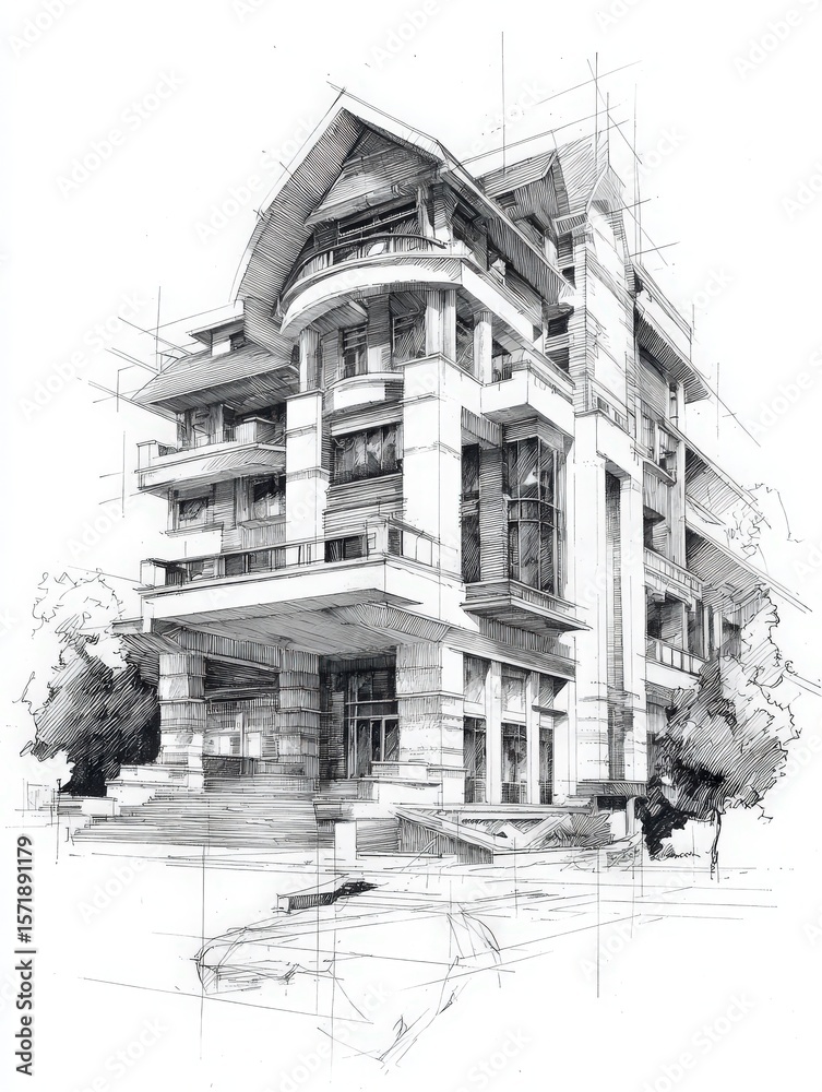 Detailed sketch shows a contemporary building with multiple levels featuring balconies and glass elements. Surrounding trees accentuate the urban environment during daylight hours.