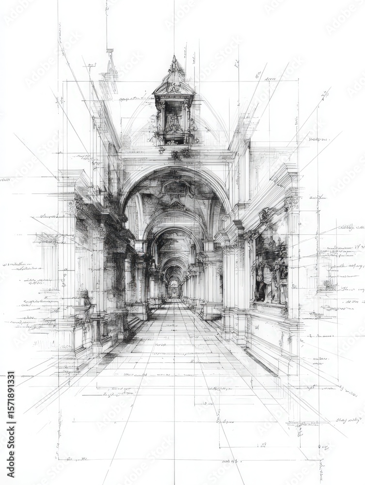 A detailed architectural sketch showcases a long corridor adorned with arches, sculptures, and decorative elements.