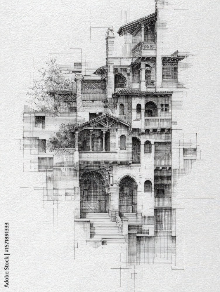 Detailed architectural drawing features a complex building design with multiple levels, columns, arches, and greenery against a simplistic background. The artwork emphasizes structure and creativity.