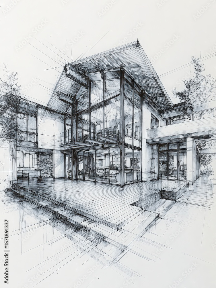 This artwork features a detailed architectural sketch of a contemporary house design. The structure incorporates large glass windows, open-plan spaces, and a seamless connection to the outdoor area.