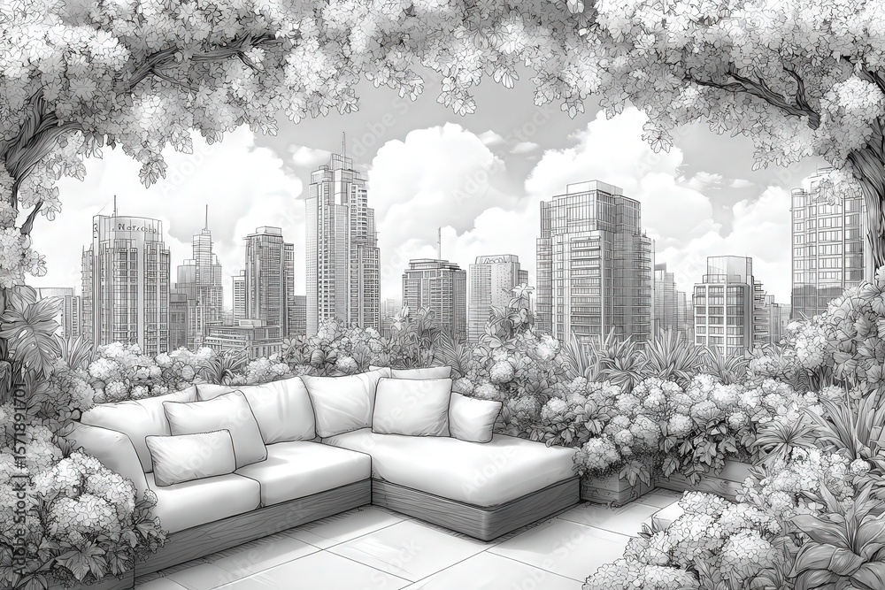 A cozy seating area filled with plush cushions is set against a stunning city skyline. Lush flowers and greenery frame the scene, creating a tranquil rooftop garden ambiance.