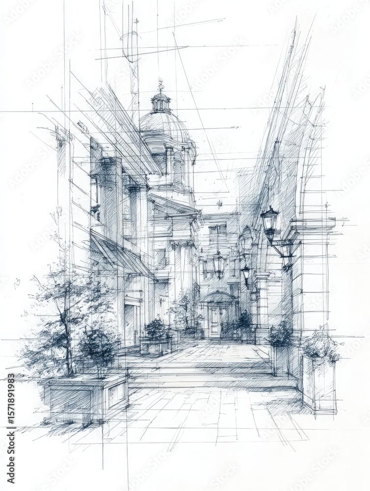 Detailed sketch showcases a courtyard featuring elegant architecture with arches and decorative lamp posts. Lush greenery adds a natural element to the scene during twilight hours.