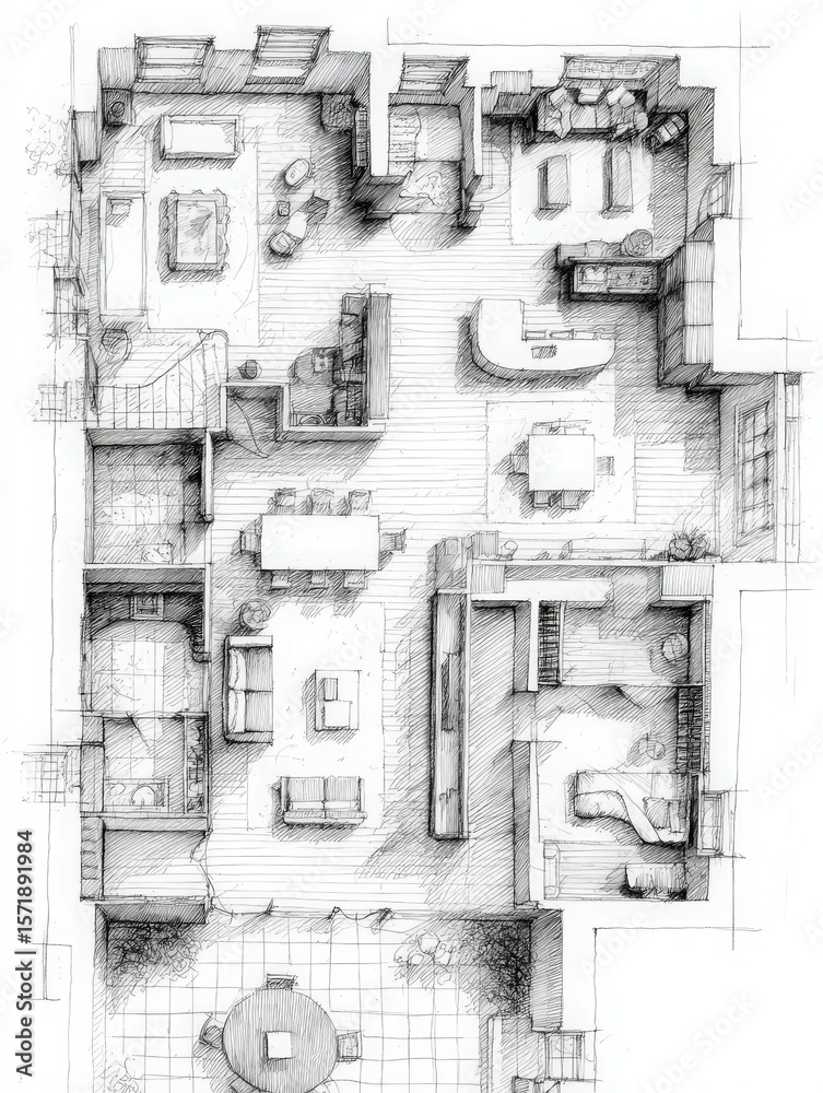 An architectural floor plan depicting a modern home layout with designated living spaces, kitchen, bedrooms, and bathroom. Detailed design elements highlight functionality and flow.