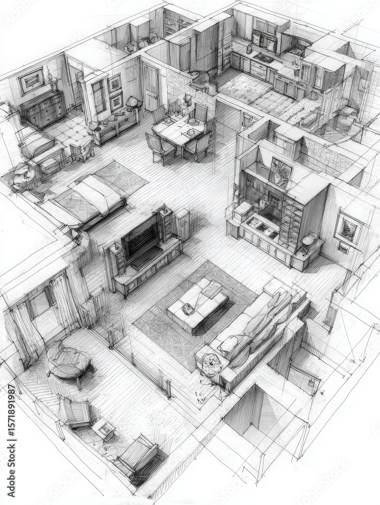 This artwork displays a top-down view of a modern home interior. Key areas include a living room, dining area, kitchen, and bedroom, all connected in a functional layout.