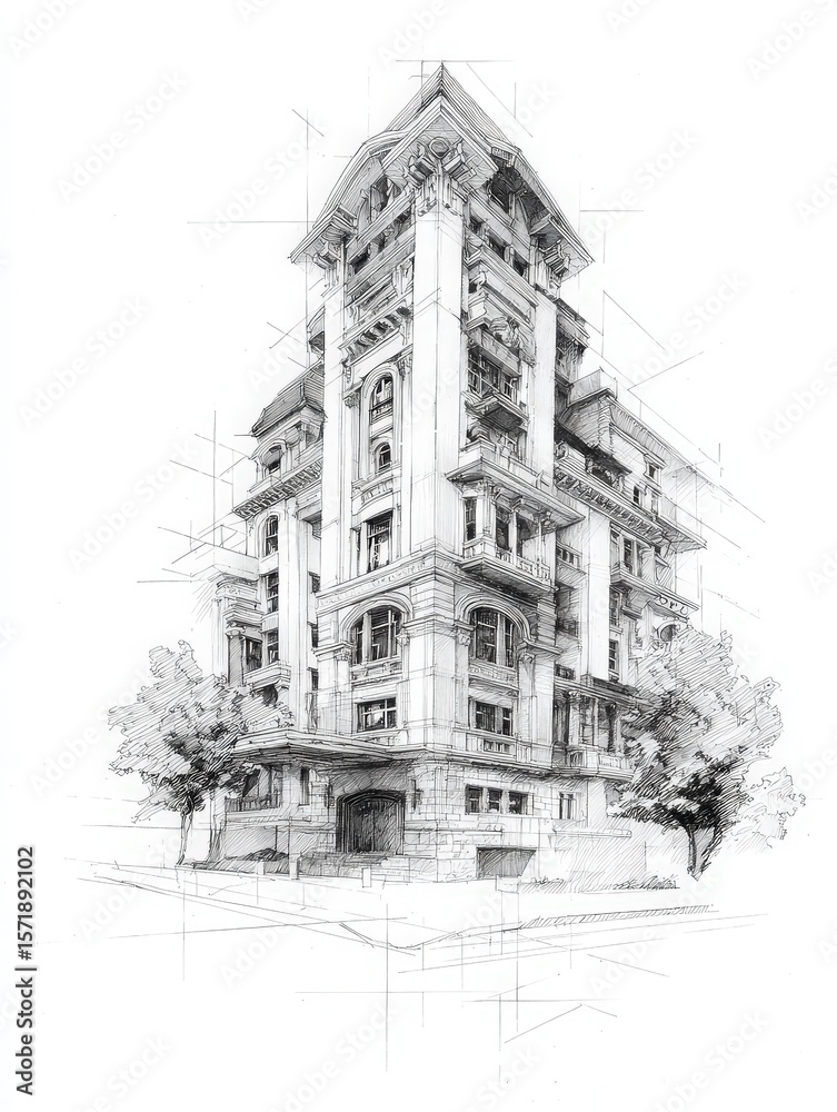 An intricate architectural sketch showcases a historic building with ornate detailing.