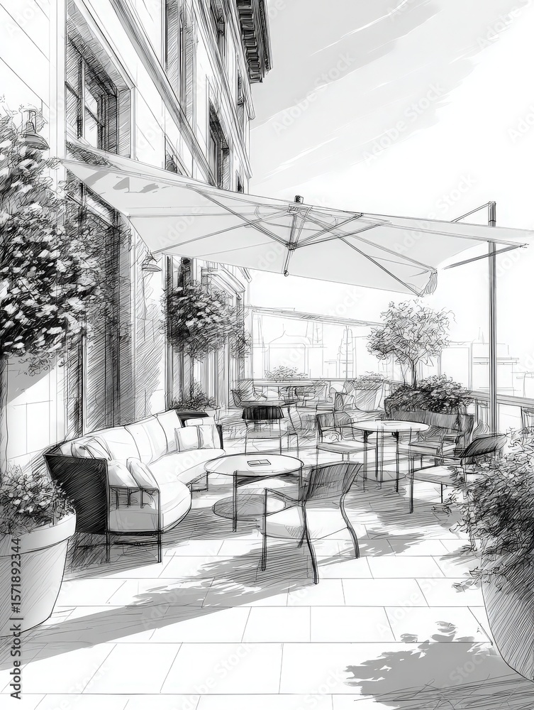 A chic outdoor terrace features comfortable seating with shaded tables surrounded by lush plants. Sunlight adds warmth to the relaxing setting ideal for enjoying drinks or meals.