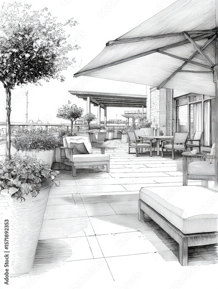 This outdoor terrace features a variety of comfortable seating options and lush greenery, perfect for relaxing or socializing. The bright sky adds a cheerful ambiance to the space.