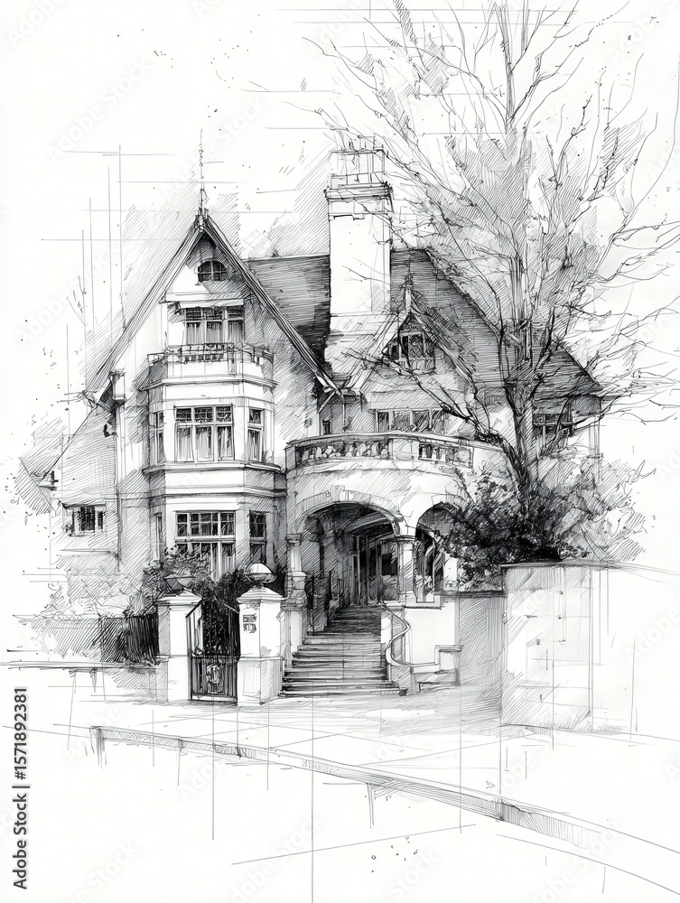 A beautifully detailed sketch showcases a vintage mansion featuring intricate architectural designs. Surrounding trees and meticulously manicured shrubs enhance the grandeur of the dwelling.