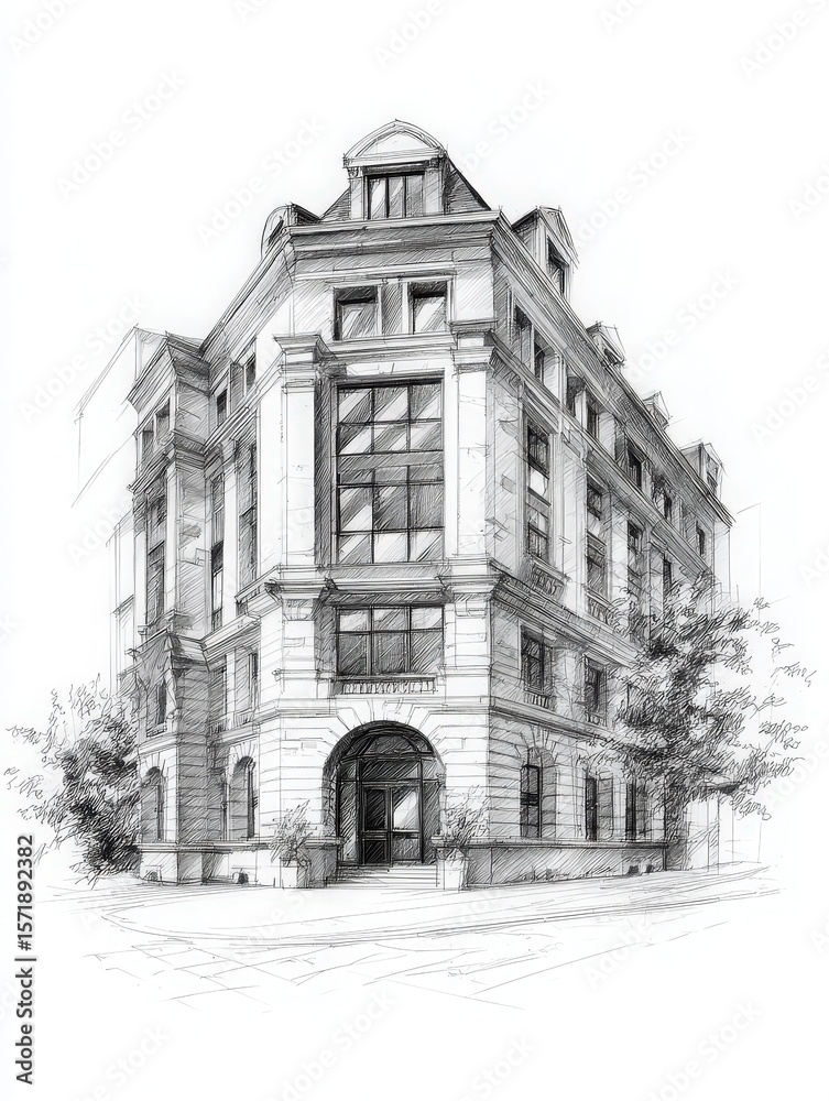 A finely detailed sketch showcases a modern building with large windows and a classic design. Surrounding greenery and an urban pathway suggest a blend of nature and architecture in a city.