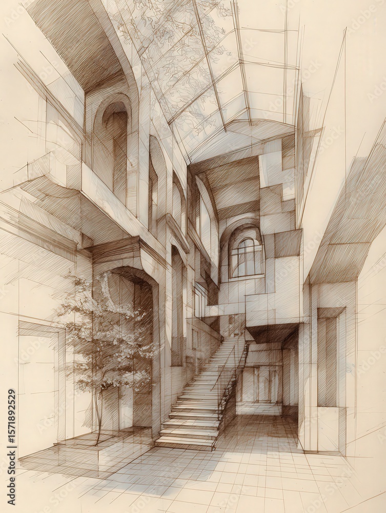 This detailed architectural sketch showcases a modern interior space with a prominent staircase, large windows, and elements of greenery. The design emphasizes light and structure.