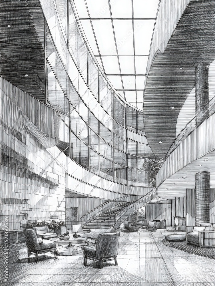 This interior space features sleek lines, large glass windows, and a dramatic staircase. Comfortable seating areas invite relaxation in a contemporary setting filled with natural light.