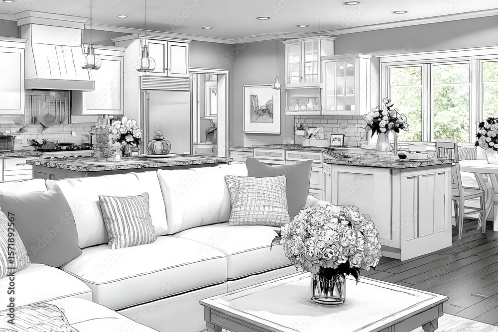 A spacious, open-concept kitchen and living area showcase modern furnishings and elegant decor.